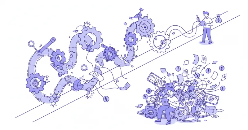 frustrated businessperson surrounded by tangled gears symbolizing failed automatización para pequeñas empresas