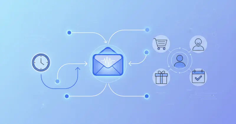 digital interface showing automated email workflow connecting new contacts to welcome messages illustrating automatizar envío de correos electrónicos empresariales