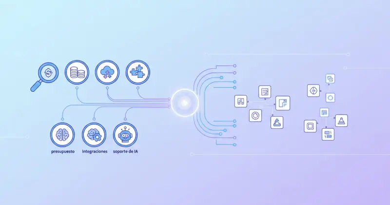 person evaluating no-code platforms on laptop with charts and icons representing automatización de procesos sin programar criteria