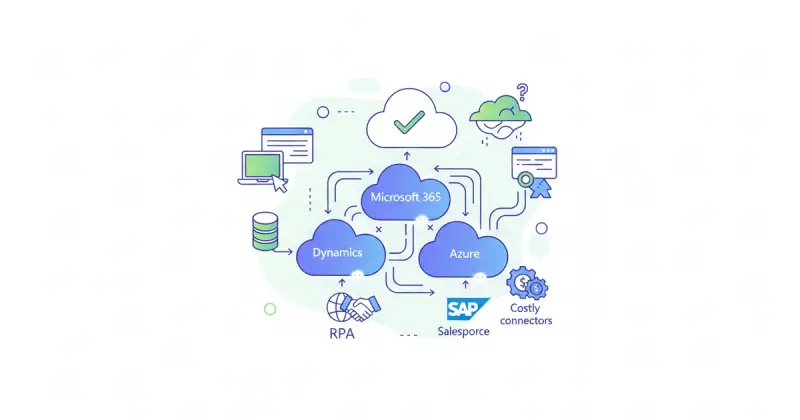 interconnected digital icons representing automatización de procesos sin programar within Microsoft 365 and Azure ecosystem