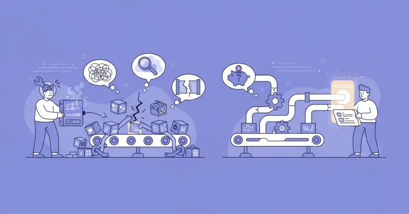 frustrated person facing complex no-code automation flowcharts highlighting common errors in automatización de procesos sin programar