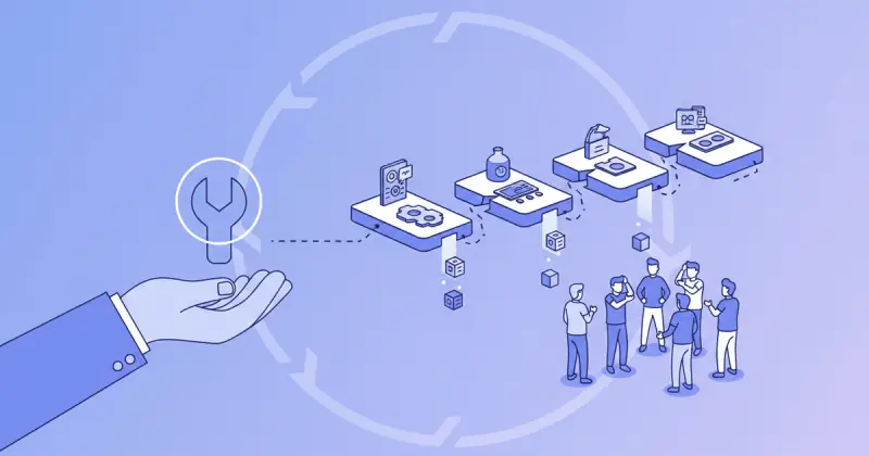 digital illustration of a team struggling with multi-stage workflows on a plataforma de workflows predefinidos showing disconnected steps and lost context
