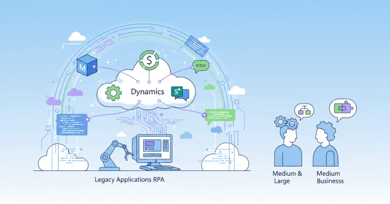 interconnected digital workflow icons representing herramientas de automatización empresarial within Microsoft 365 and Teams ecosystem