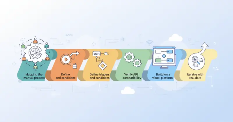 illustration of a step-by-step workflow automation design process with flowcharts and digital interface for automatización de flujos de trabajo