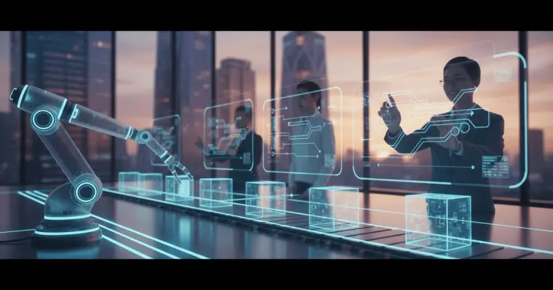 business professional interacting with digital interface showcasing automatización de procesos empresariales icons and workflow diagrams