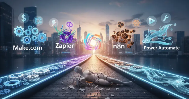Comparative visualization of automation tools Make.com, Zapier, n8n, and Power Automate for automatización de procesos empresariales