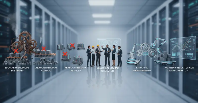frustrated business team surrounded by malfunctioning automation gears symbolizing errores en automatización de procesos empresariales