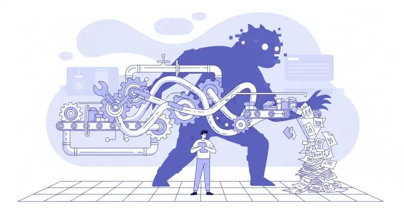 frustrated businessperson surrounded by tangled gears and broken automation icons representing errores comunes en automatización empresarial sin código