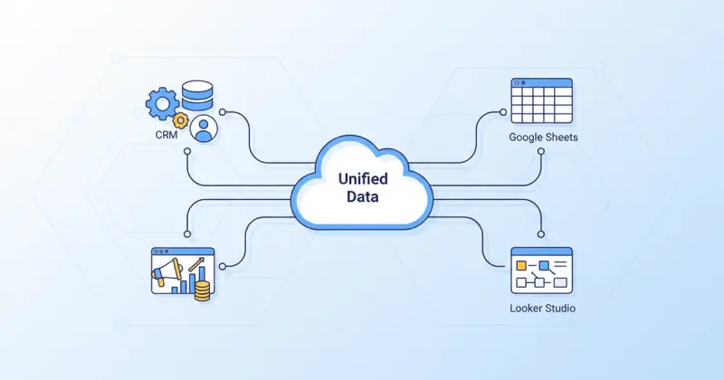 Diagrama que muestra conexión de múltiples fuentes de datos a una plataforma para automatizar reportes de negocio automáticamente