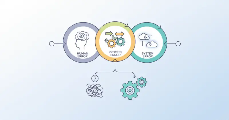 illustration showing human, process, and system errors contributing to business process mistakes to reducir errores en procesos de negocio