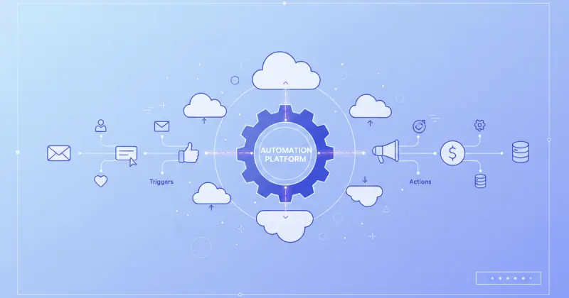 interconnected cloud applications and workflow automation icons representing plataforma de automatización SaaS functionality