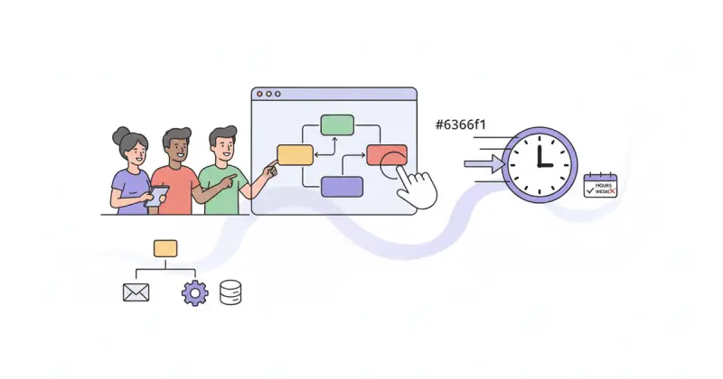 Equipo diverso usando software automatización procesos pymes con interfaz visual drag-and-drop sin programar