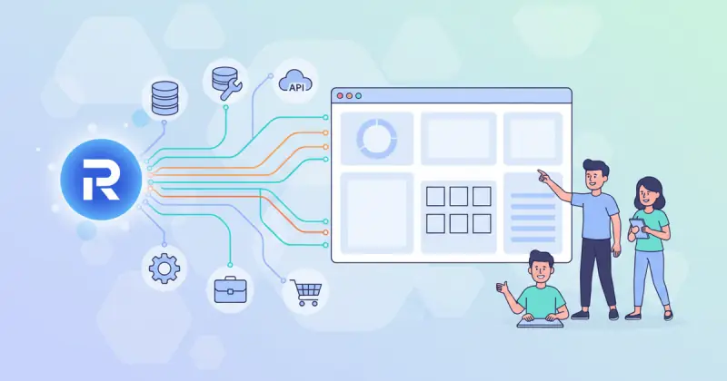 dashboard interface showcasing automatización low-code para PYMEs with data visualizations and API integrations