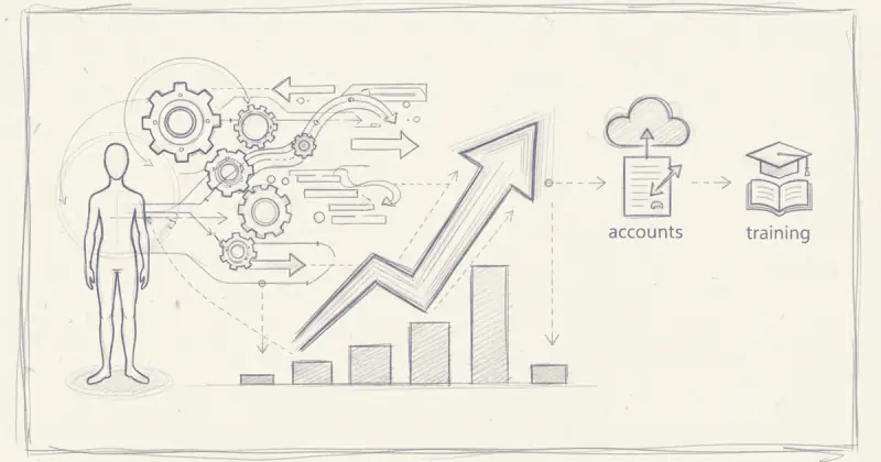 digital dashboard showing automated onboarding workflow creating accounts and assigning training for new employees to automatizar tareas repetitivas en empresas
