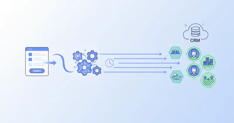 digital form connected to CRM with automated routing assigning leads to sales representatives by geographic zone illustrating automatizaciones personalizadas