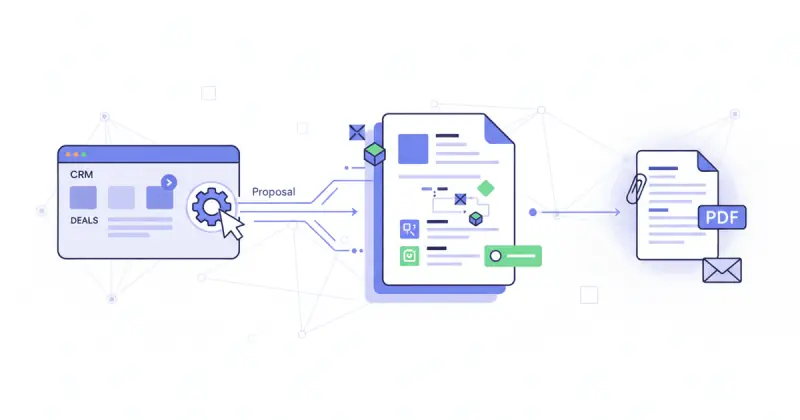 digital workflow illustrating automatizaciones personalizadas generating a customized commercial proposal document in PDF format