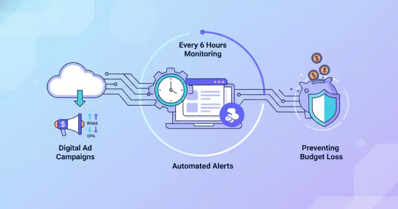 dashboard showing automated performance alerts for digital advertising campaigns with CPA and ROAS metrics