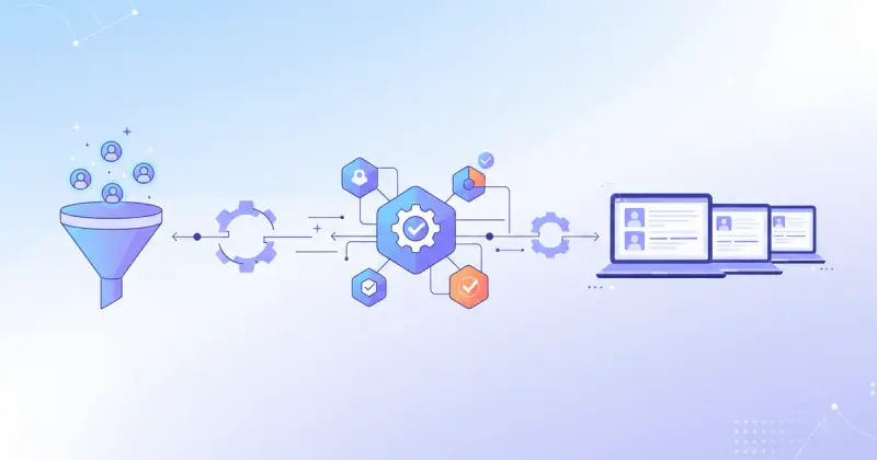 flujo automatizado de gestión de leads con herramientas SaaS mostrando conexión entre aplicaciones y asignación rápida