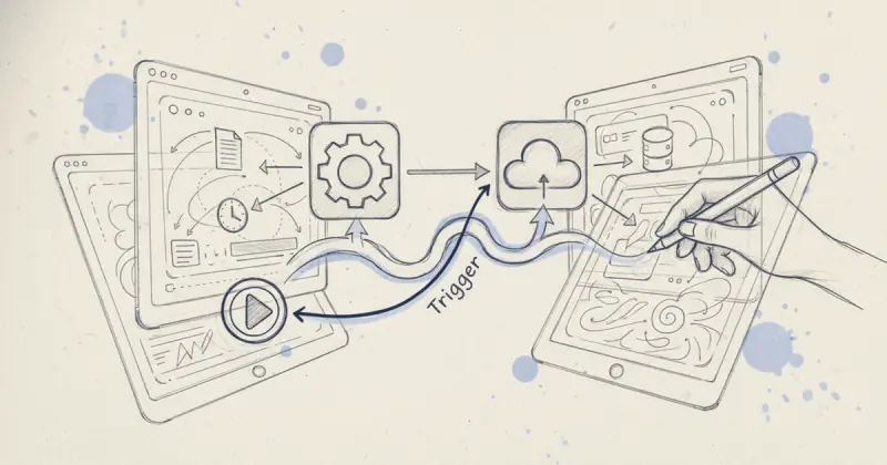 Illustration of two applications exchanging data through APIs and webhooks enabling crear automatizaciones personalizadas sin código