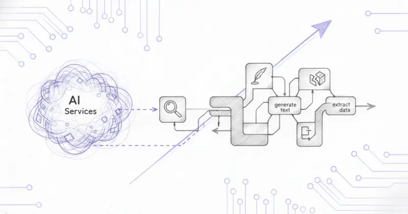 abstract digital interface showing AI modules integrating with no-code automation workflows to crear automatizaciones personalizadas sin código