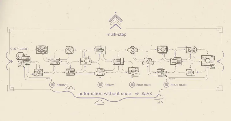 Diagram showing a multi-step workflow with interconnected modules and error handling paths for crear automatizaciones personalizadas sin código