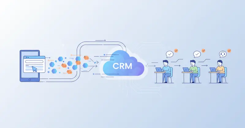 AI-generated illustration of automated lead capture and distribution connecting web forms to CRM for automatización para startups
