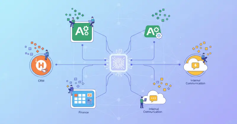 Dashboard showing real-time data synchronization between CRM, spreadsheets, project management, and accounting tools for automatización para startups
