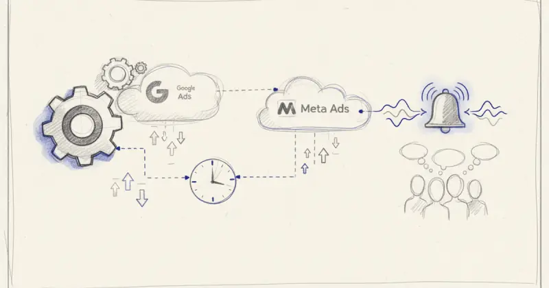 dashboard showing automated alerts for marketing campaigns with low performance metrics and CPA in a digital marketing platform