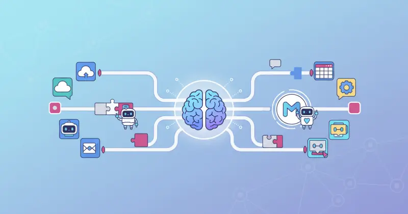 Interconnected digital interface representing automatización con inteligencia artificial using no-code platform modules and AI icons