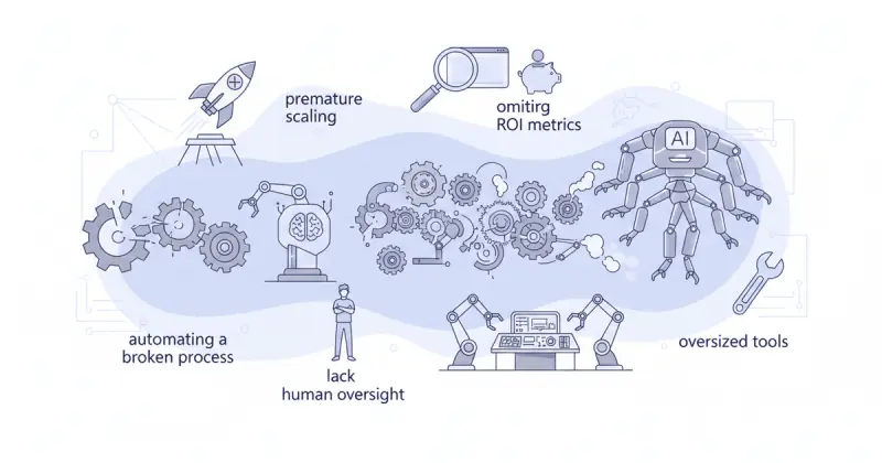 business team discussing common errors in automatización con inteligencia artificial implementation around a digital interface