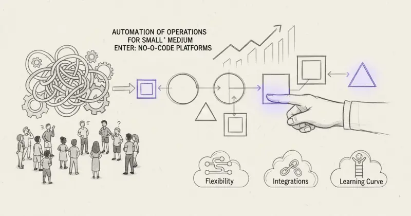 colorful dashboard showing no-code automation tools and integration options for automatización de operaciones en PYMEs