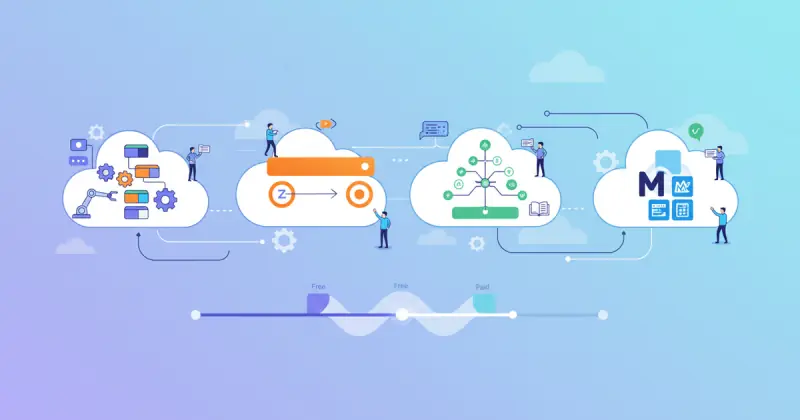 Tabla comparativa de herramientas de automatización de procesos empresariales mostrando precios, integraciones y facilidad de uso