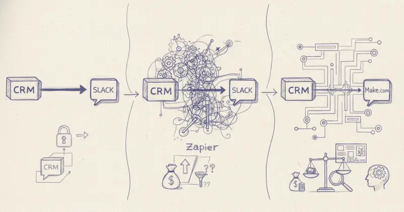 diagram comparing native CRM integration, Zapier, and Make.com methods to automatizar notificaciones entre CRM y Slack