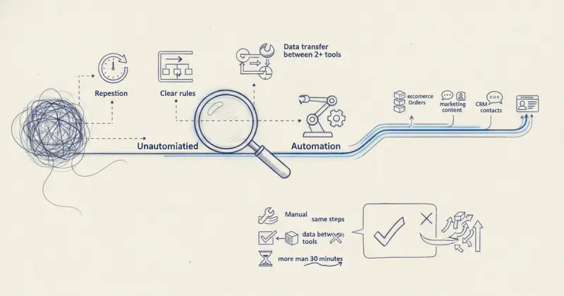 person analyzing checklist to automatizar procesos sin programar with icons representing repetitive tasks and clear rules