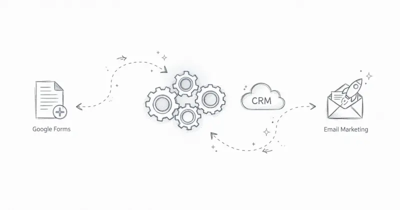 diagram showing automated data transfer between Google Forms, CRM, and email marketing platform using Make workflow