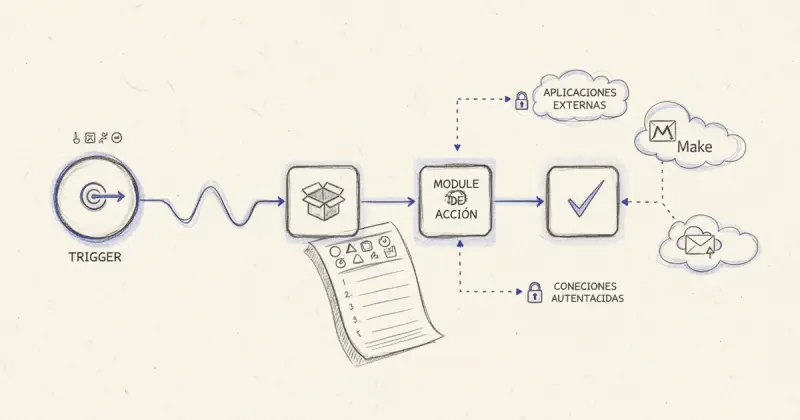 Visual diagram illustrating cómo crear flujos automatizados con Make sin programar featuring triggers, action modules, and app connections