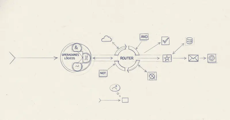 Diagrama colorido mostrando operadores lógicos AND, OR, NOT y un Router conectando módulos para flujos automatizados sin programar