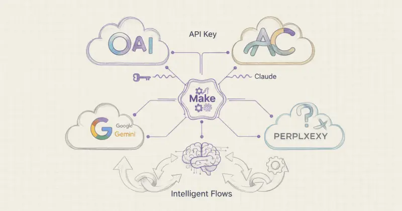 diagram illustrating cómo crear flujos automatizados con Make sin programar using AI tools like OpenAI and Google Gemini