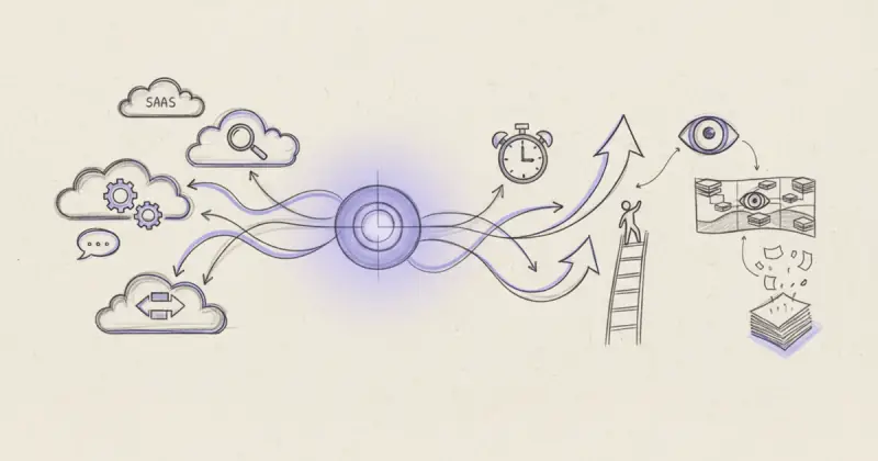 illustration of integración de herramientas SaaS connecting multiple software apps with data flow and automation icons