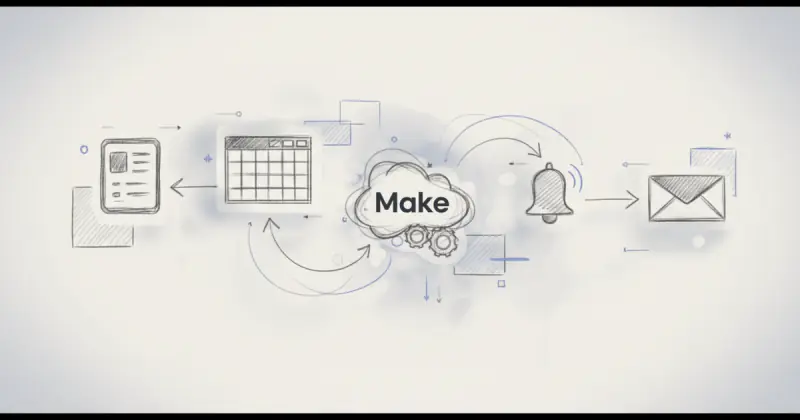 visual workflow connecting form, spreadsheet, notification, and email modules for integración de herramientas SaaS