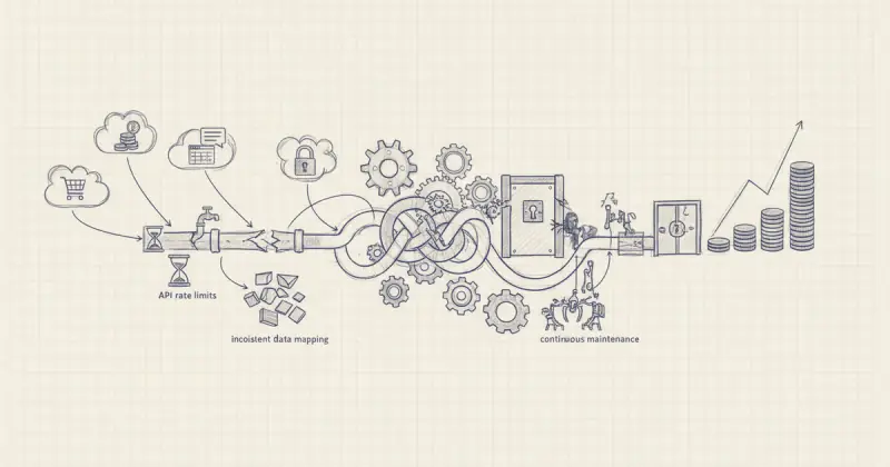 abstract digital illustration showing interconnected SaaS application icons representing integración de herramientas SaaS challenges