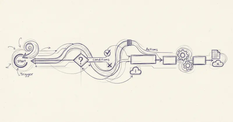 diagram illustrating flujos de trabajo automatizados with triggers, conditions, and actions connected by arrows