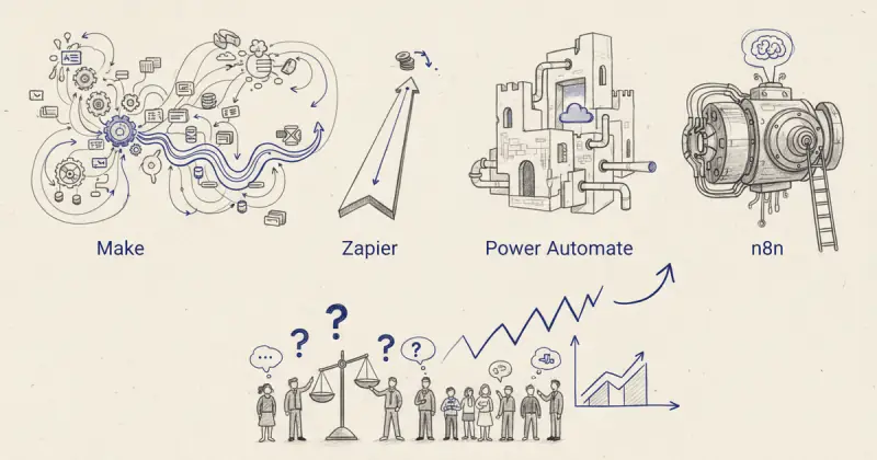 comparative dashboard showing features and pricing of Make, Zapier, Power Automate, and n8n for flujos de trabajo automatizados