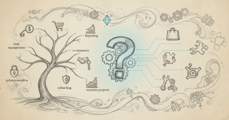 colorful flowchart illustrating different use cases for herramientas de automatización no-code such as lead management and e-commerce