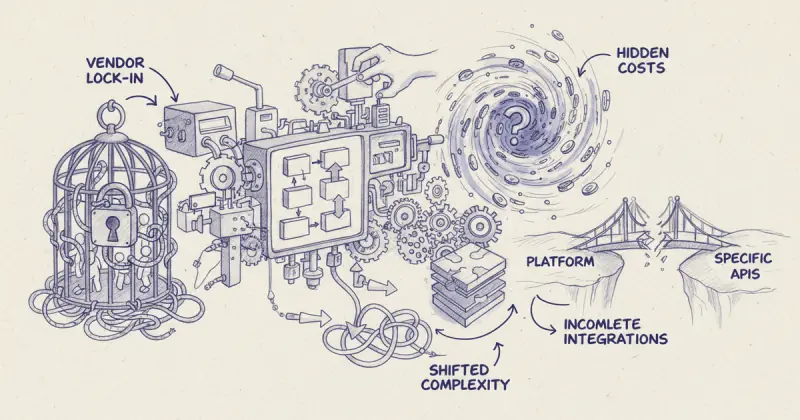 abstract illustration of herramientas de automatización no-code with interconnected gears and warning icons representing limitations