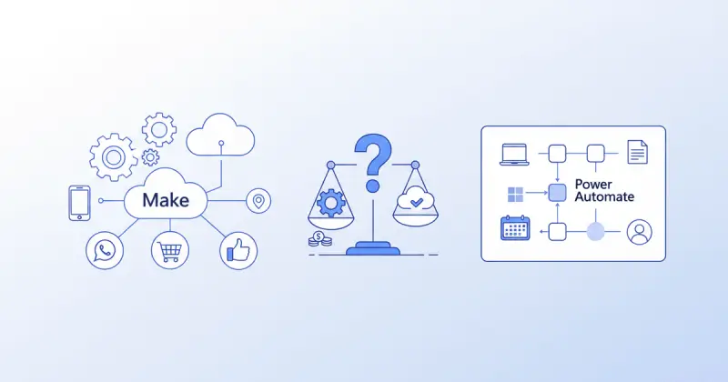 comparison checklist highlighting key questions for choosing Make vs Power Automate para pequeñas empresas