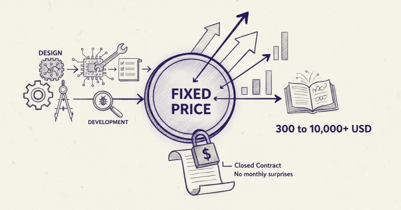 abstract illustration of software development stages representing precios automatización personalizada SaaS with icons for design, testing, and documentation