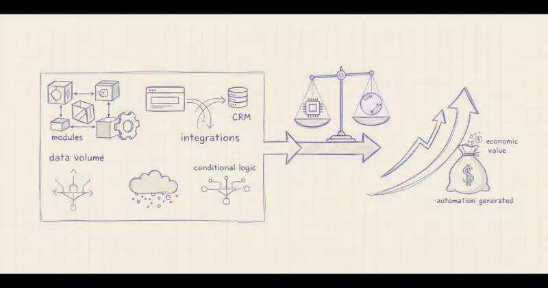 abstract diagram showing technical factors and economic value intersecting to calculate precios automatización personalizada SaaS