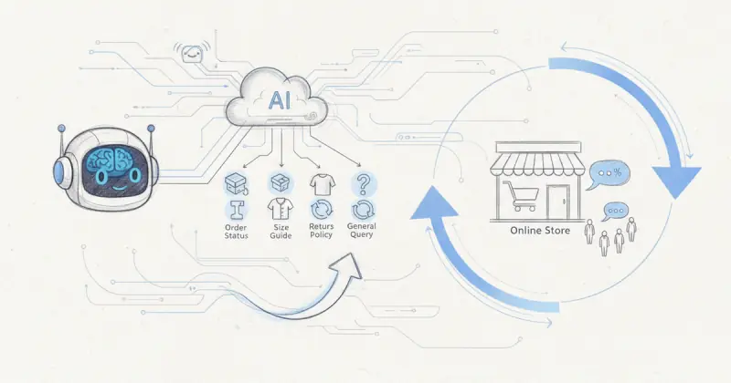 AI-powered chatbot assisting customers with frequent questions in an ecommerce setting showcasing mejores automatizaciones para ecommerce 2026
