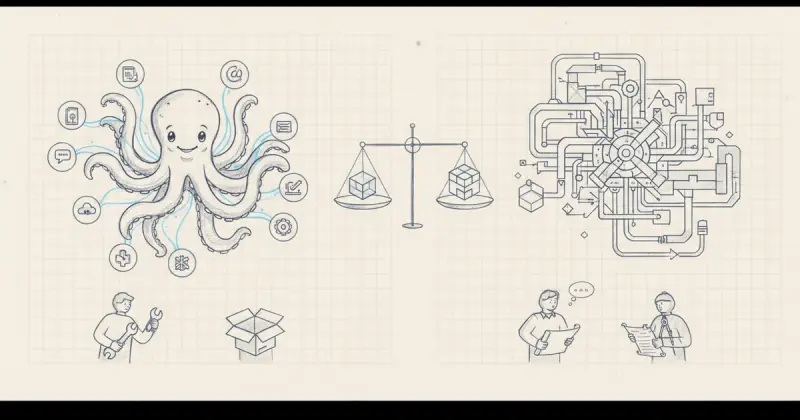 Illustration contrasting Zapier and Make platforms with icons representing automation and integration for small businesses